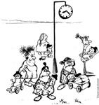 Карикатура мамы гуляют с детьми под часами
